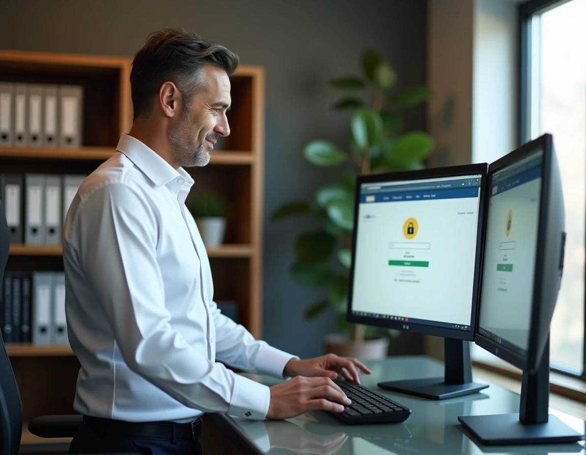 Employé masculin accédant à un portail intranet sécurisé sur double écran dans un bureau privé