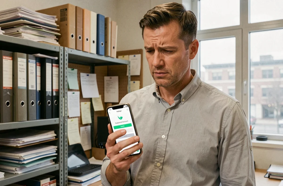 Chef d'entreprise consultant une alerte de suspension Maestro Business sur son smartphone dans un bureau professionnel