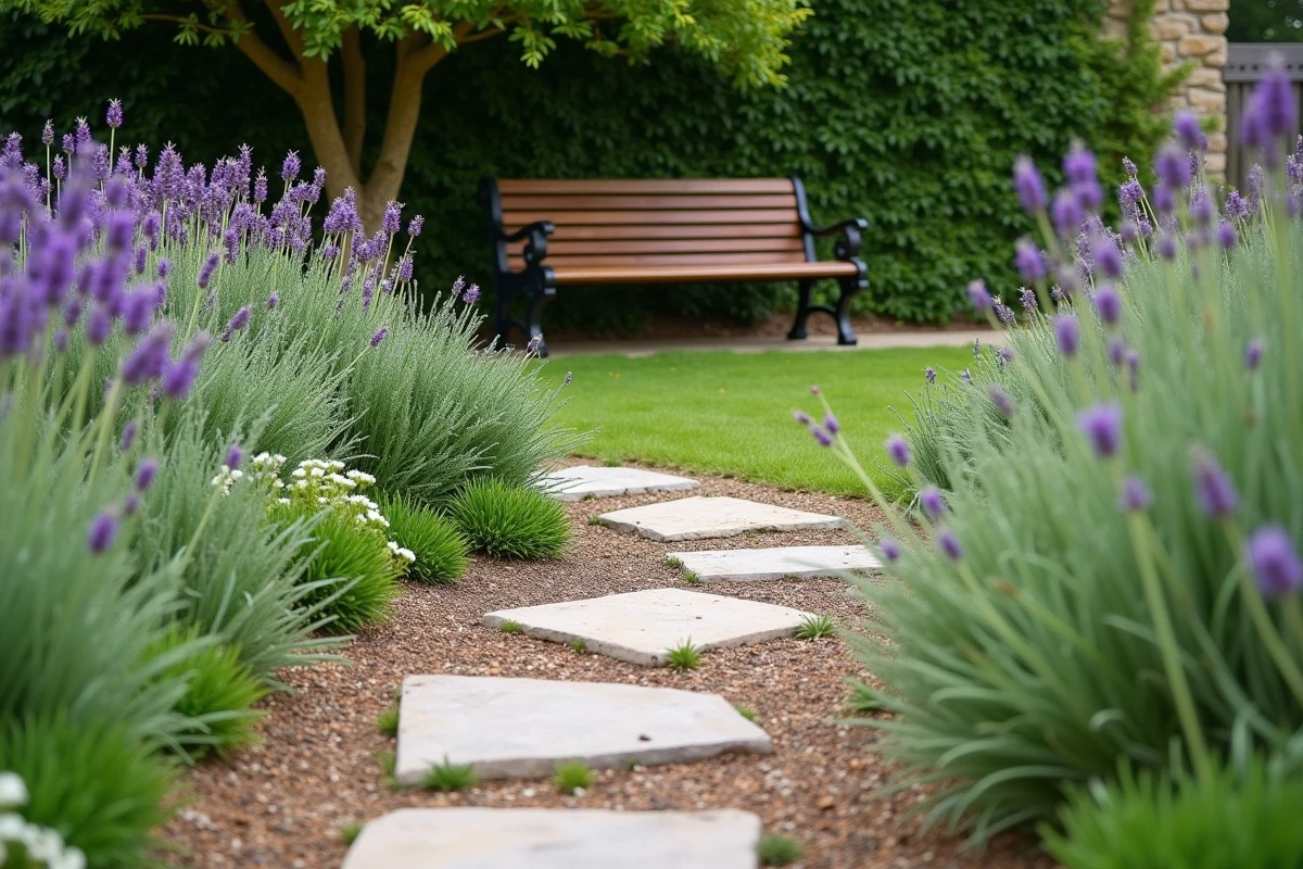 Allée de jardin en pierres calcaires bordée de lavandes et graminées menant à un banc en bois