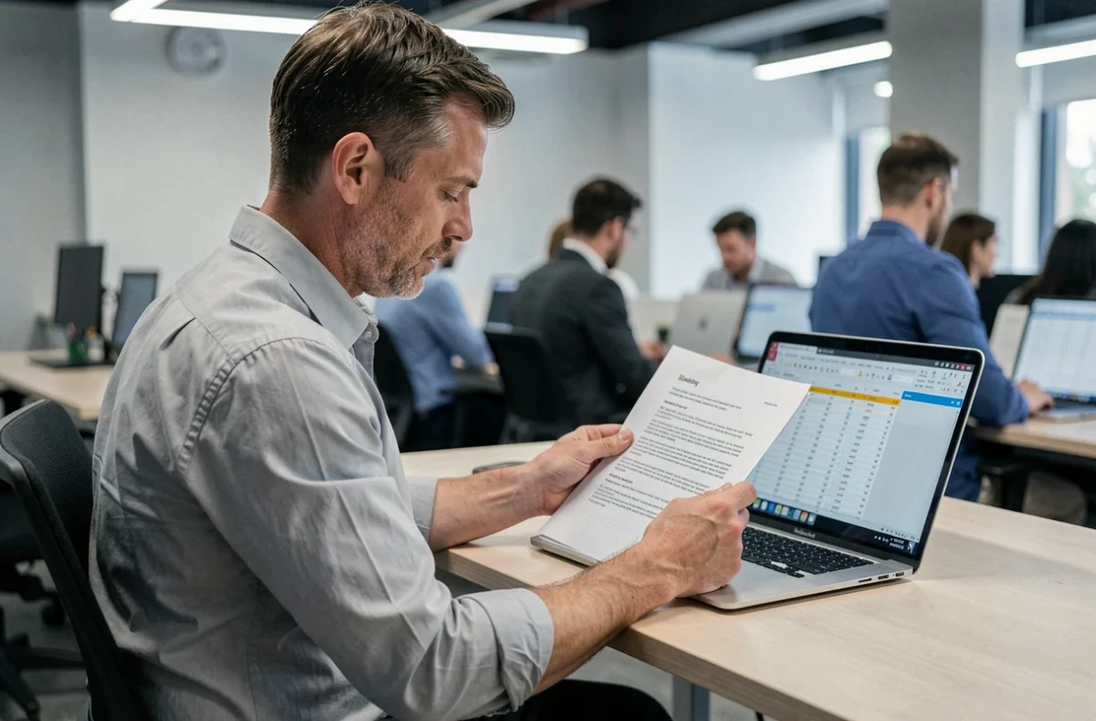Homme d'affaires analysant les clauses d'un contrat A500 dans un open space professionnel