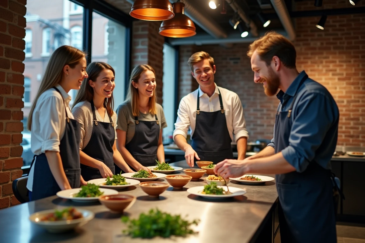 Atelier culinaire interactif avec un groupe d'adultes et un chef instructeur dans une école de cuisine moderne