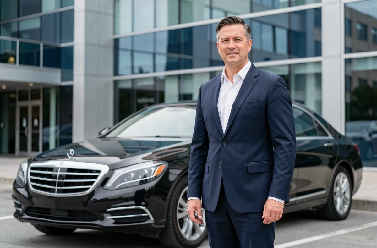 Chauffeur professionnel en costume sombre devant une berline noire premium pour un service de transport avec Rognac Auto