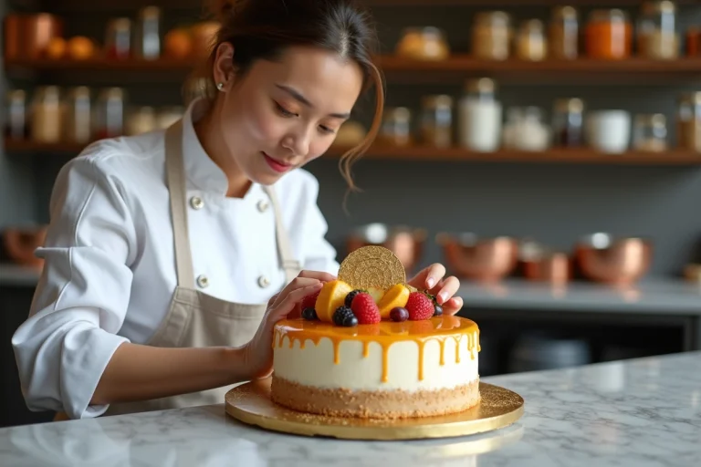 Cheffe pâtissière déposant une feuille d'or sur un gâteau élaboré dans une cuisine professionnelle