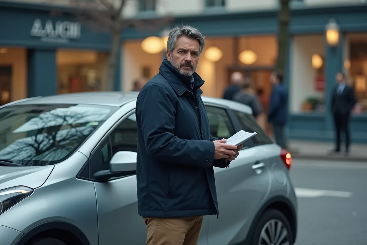 Conducteur de covoiturage debout près de sa voiture en ville vérifiant les tarifs et frais de service Blablacar