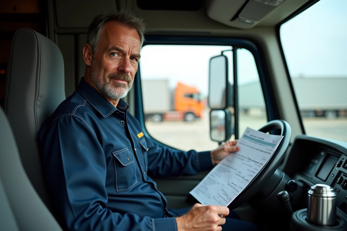 Conducteur routier consultant la grille de salaire coefficient 150m dans la cabine de son camion
