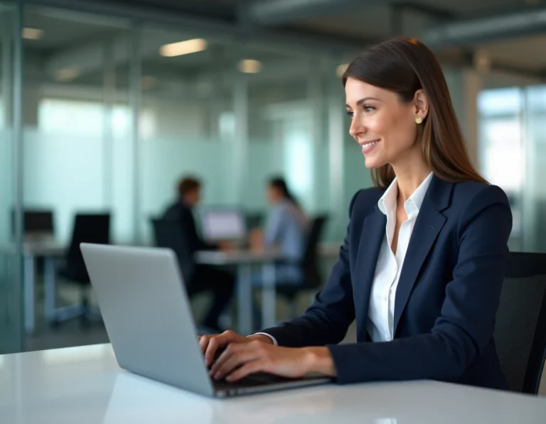Femme professionnelle connectée à l'intranet d'entreprise sur un ordinateur portable dans un bureau moderne