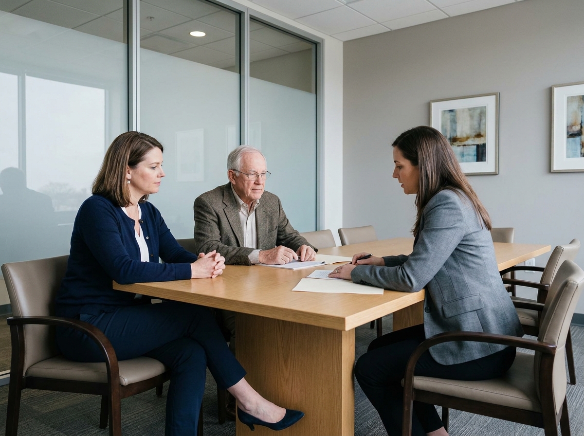 Consultation entre un avocat et des clients lors d'une réunion sur une succession familiale