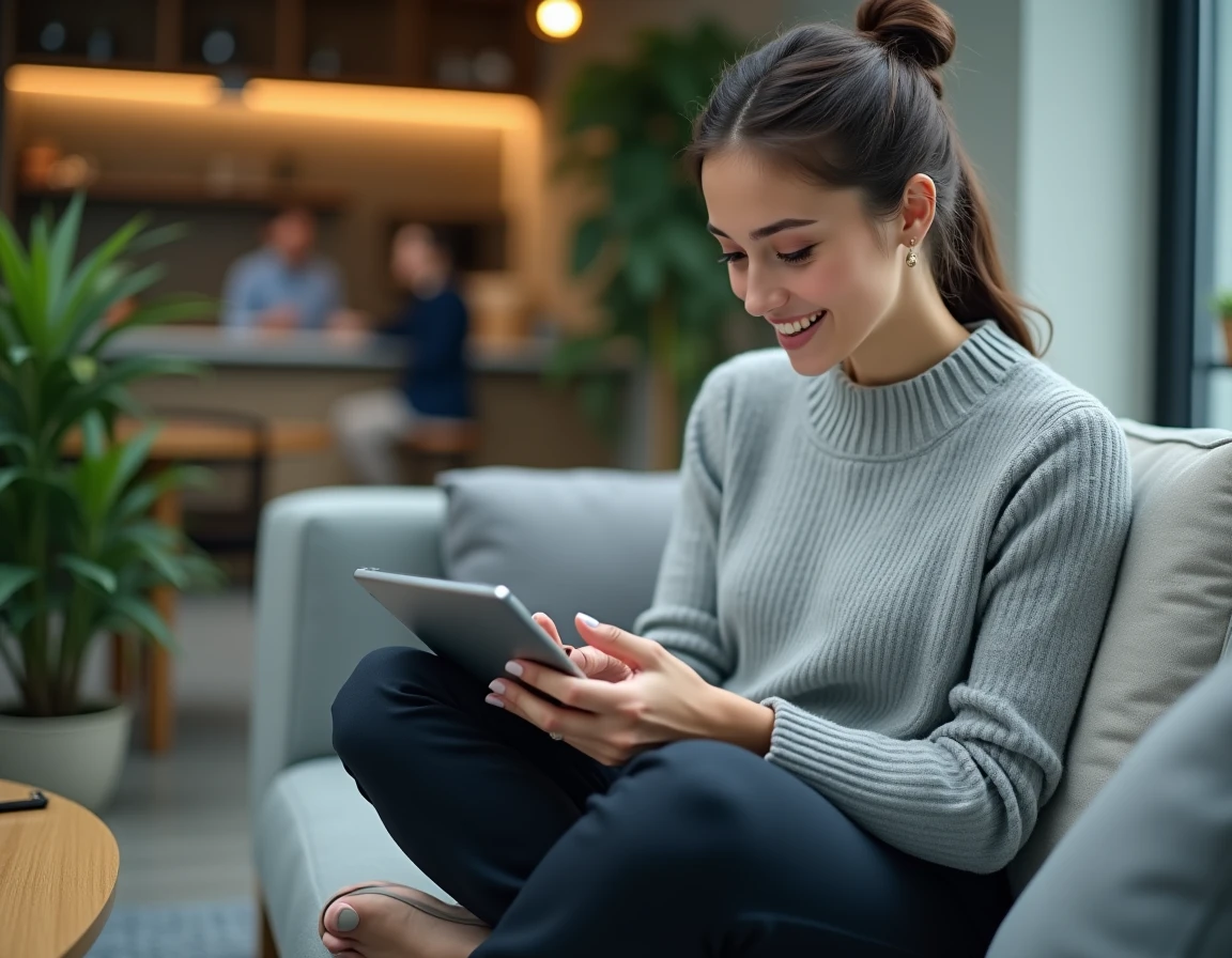 Jeune professionnelle consultant les ressources de l'intranet IAD sur une tablette dans un espace lounge d'entreprise