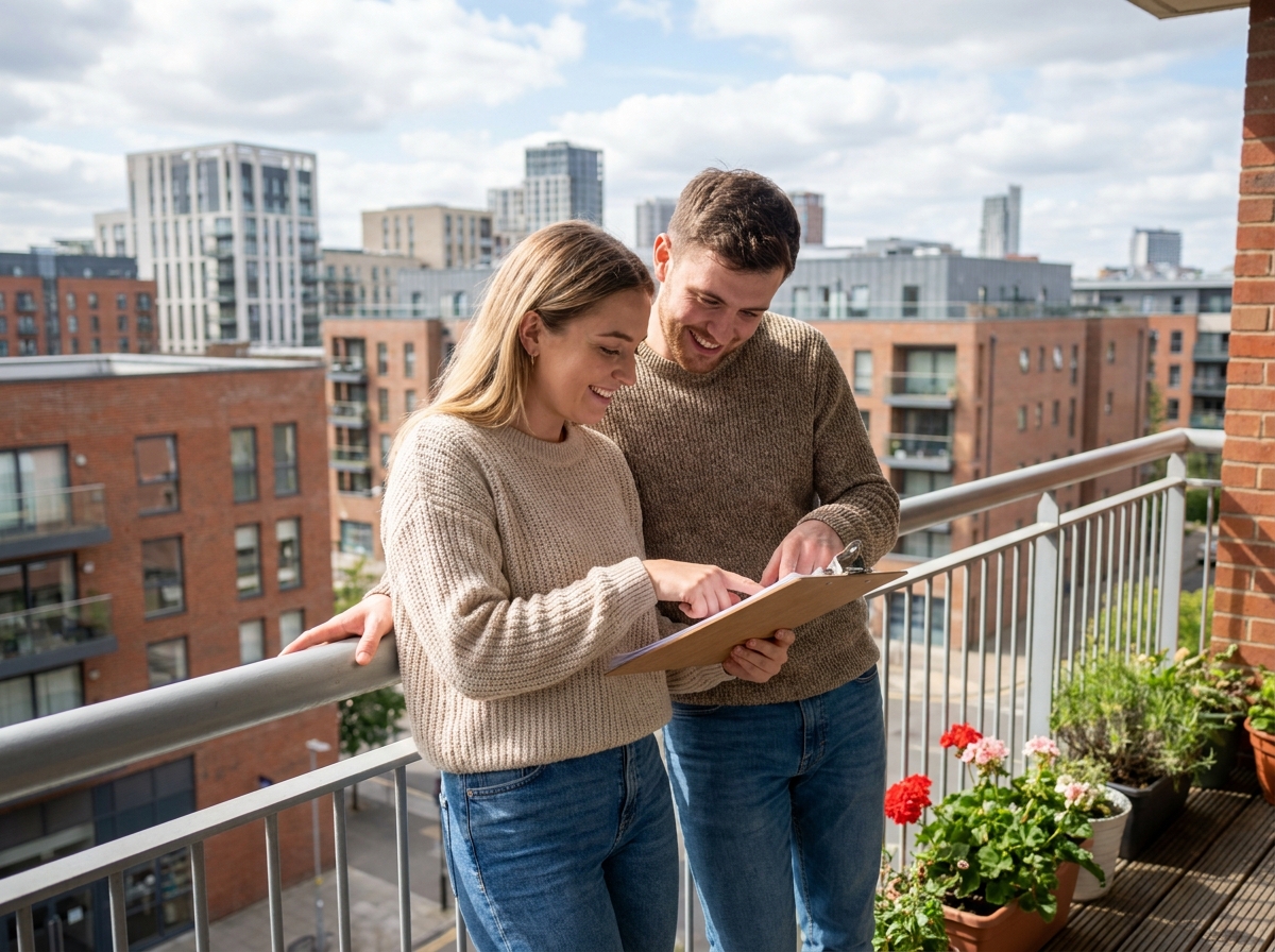Jeune couple regardant des documents sur un balcon
