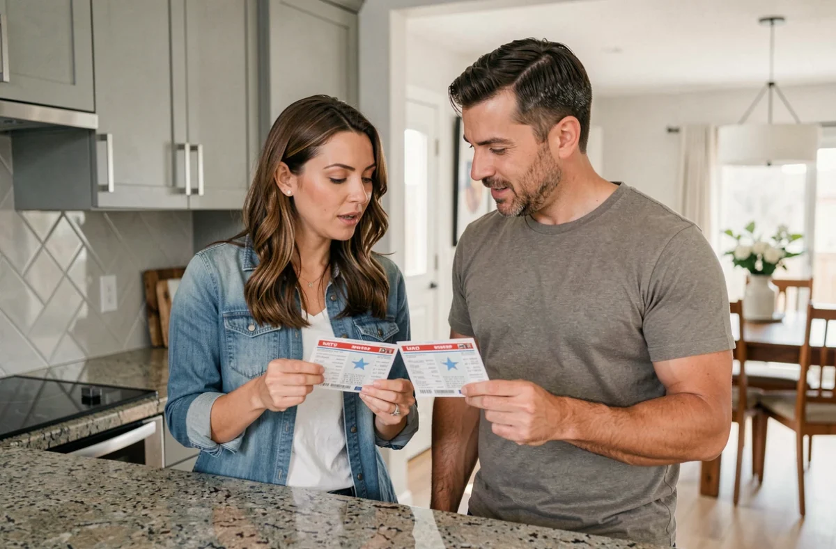 Couple comparant des tickets Euromillions avec l'option étoile dans une cuisine moderne pour évaluer les avantages