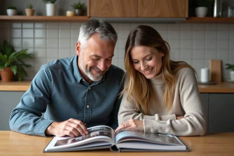Couple souriant en cuisine avec album photo