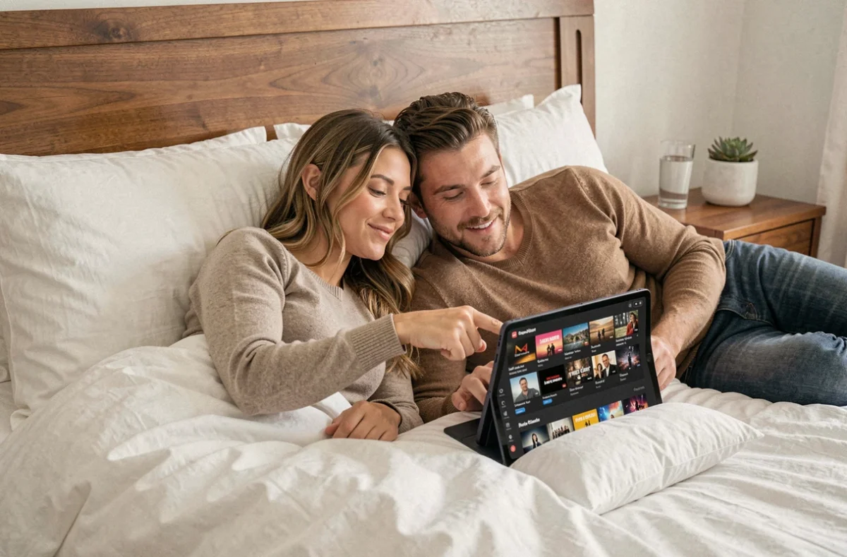 Couple regardant ensemble le catalogue d'une plateforme de streaming sur une tablette dans une chambre