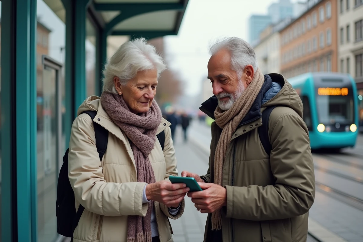 Couple senior consulte un lecteur de tram en ville