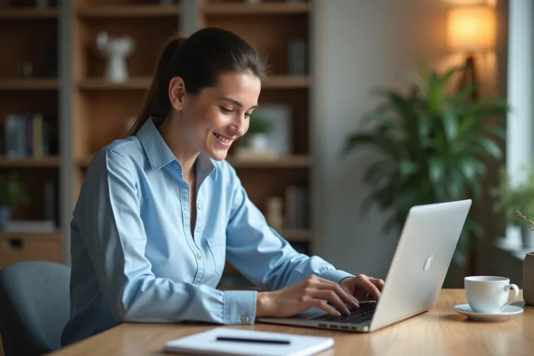 Femme créant un compte en ligne sur un ordinateur portable dans un bureau à domicile moderne