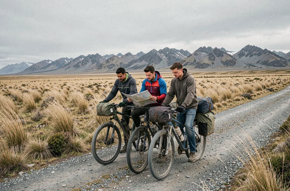 Groupe de cyclistes faisant une pause sur une piste en terre en Patagonie avec des sacoches chargées et une carte routière