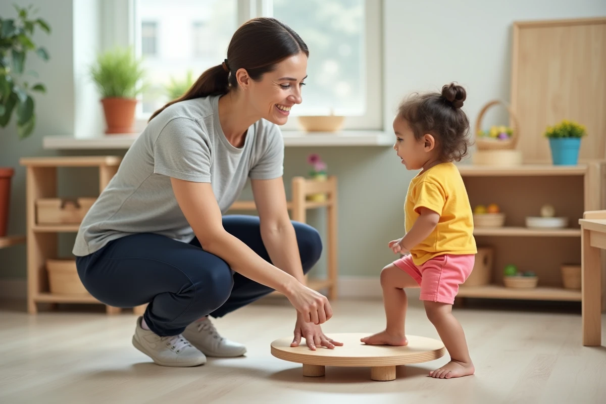 Éducatrice accompagnant une petite fille sur une planche d'équilibre en bois dans une salle Montessori, apprentissage moteur guidé