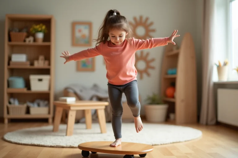 Jeune fille en équilibre sur une planche courbée en bois dans une salle de jeux, bras tendus, expression concentrée