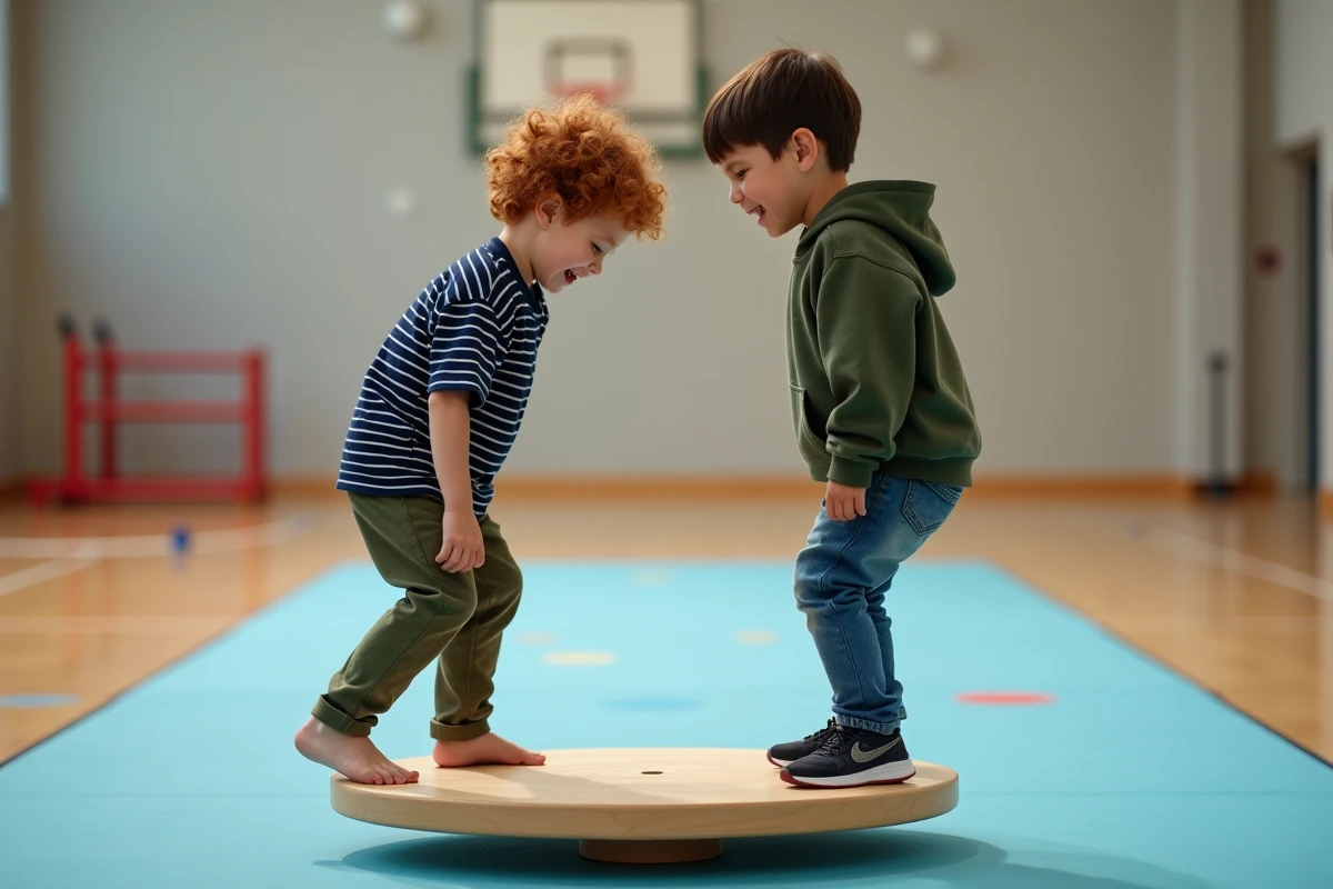 Deux garçons jouant sur une planche d'équilibre en bois dans un gymnase scolaire, développement de la motricité globale