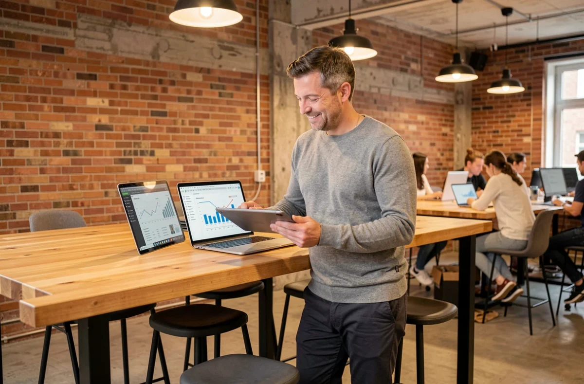 Entrepreneur masculin consultant une stratégie de business en ligne dans un espace de coworking moderne