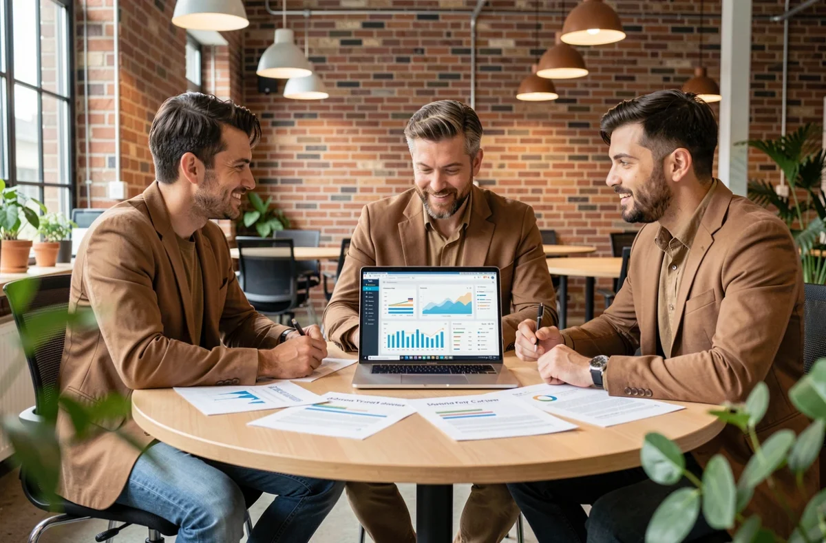 Équipe de professionnels collaborant sur les tendances web autour d'une table dans un espace de coworking