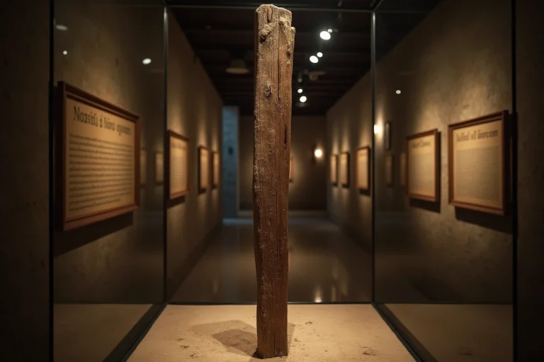 Exposition muséale sur les instruments de supplice médiévaux avec un pal en bois ancien derrière une vitrine protectrice dans une galerie en pierre