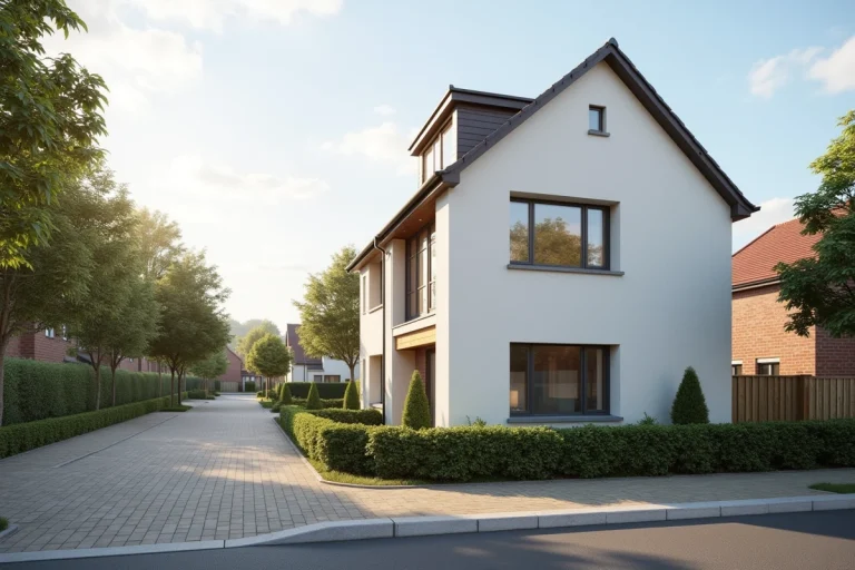 Façade extérieure d'une maison de type 5 pièces dans un quartier résidentiel paisible avec jardin aménagé