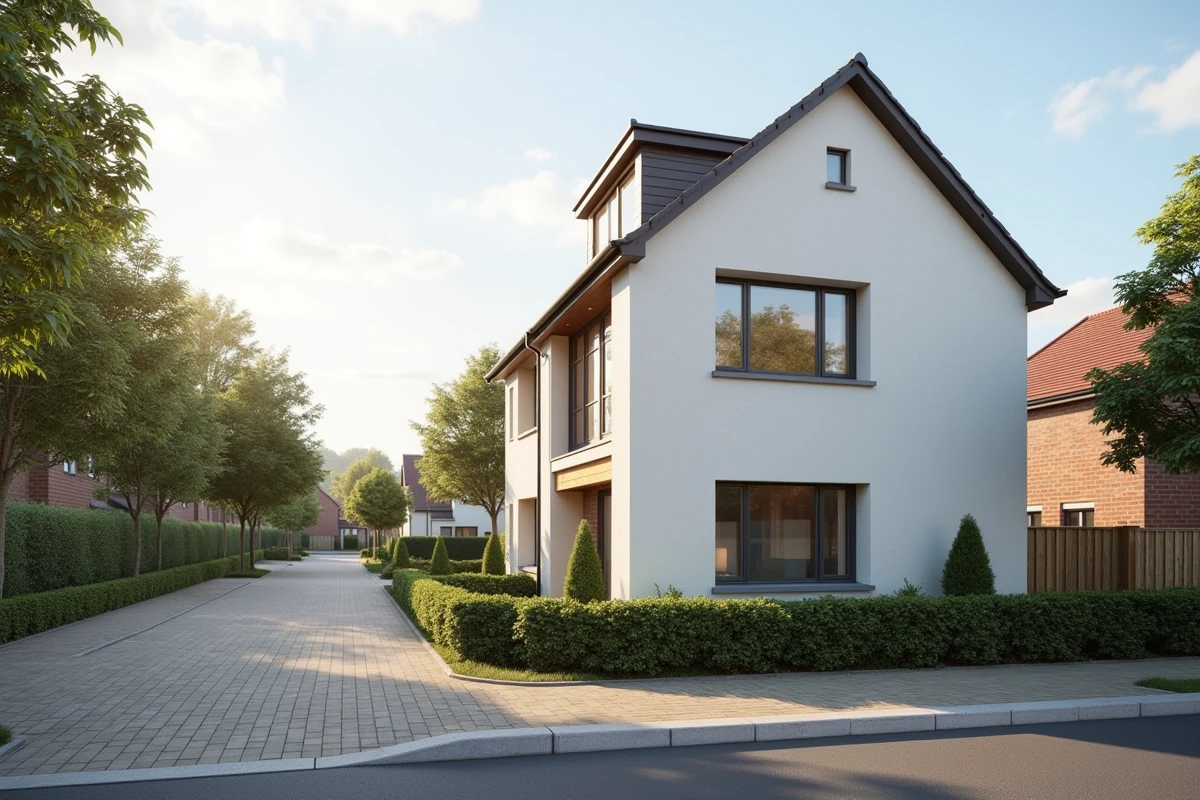 Façade extérieure d'une maison de type 5 pièces dans un quartier résidentiel paisible avec jardin aménagé