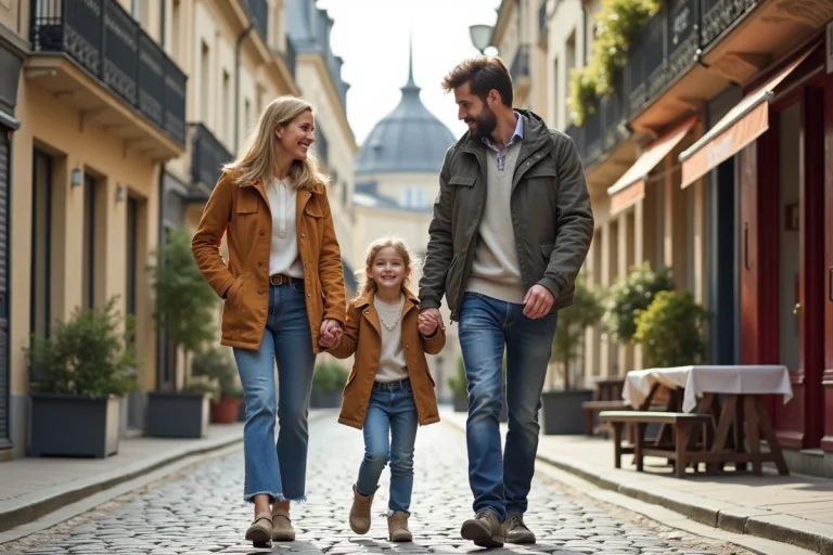 Famille marchant dans la rue d'Angouleme au printemps