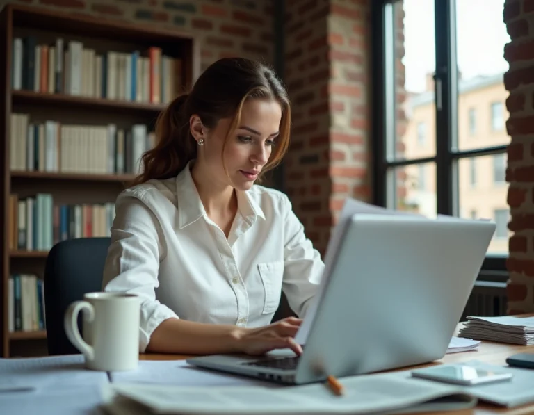 Femme consultant les actualités du jour sur un ordinateur portable dans un bureau moderne avec journaux et café