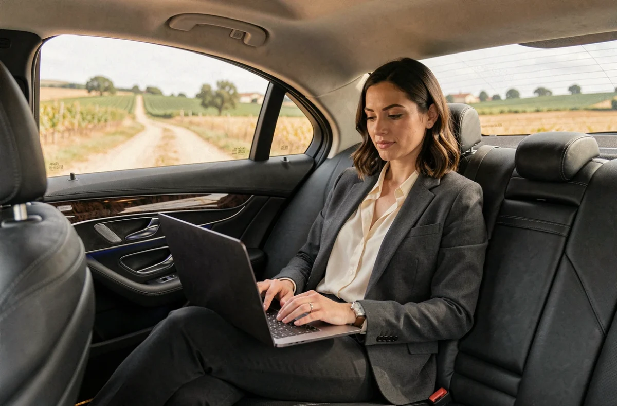 Femme d'affaires travaillant sur son ordinateur portable dans un véhicule de transport avec chauffeur de Rognac Auto