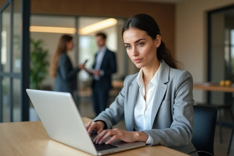 Femme professionnelle consultant un bulletin de paie en ligne sur un ordinateur portable dans un bureau moderne