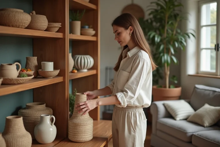 Jeune femme posant un vase en céramique artisanale dans un salon chaleureux