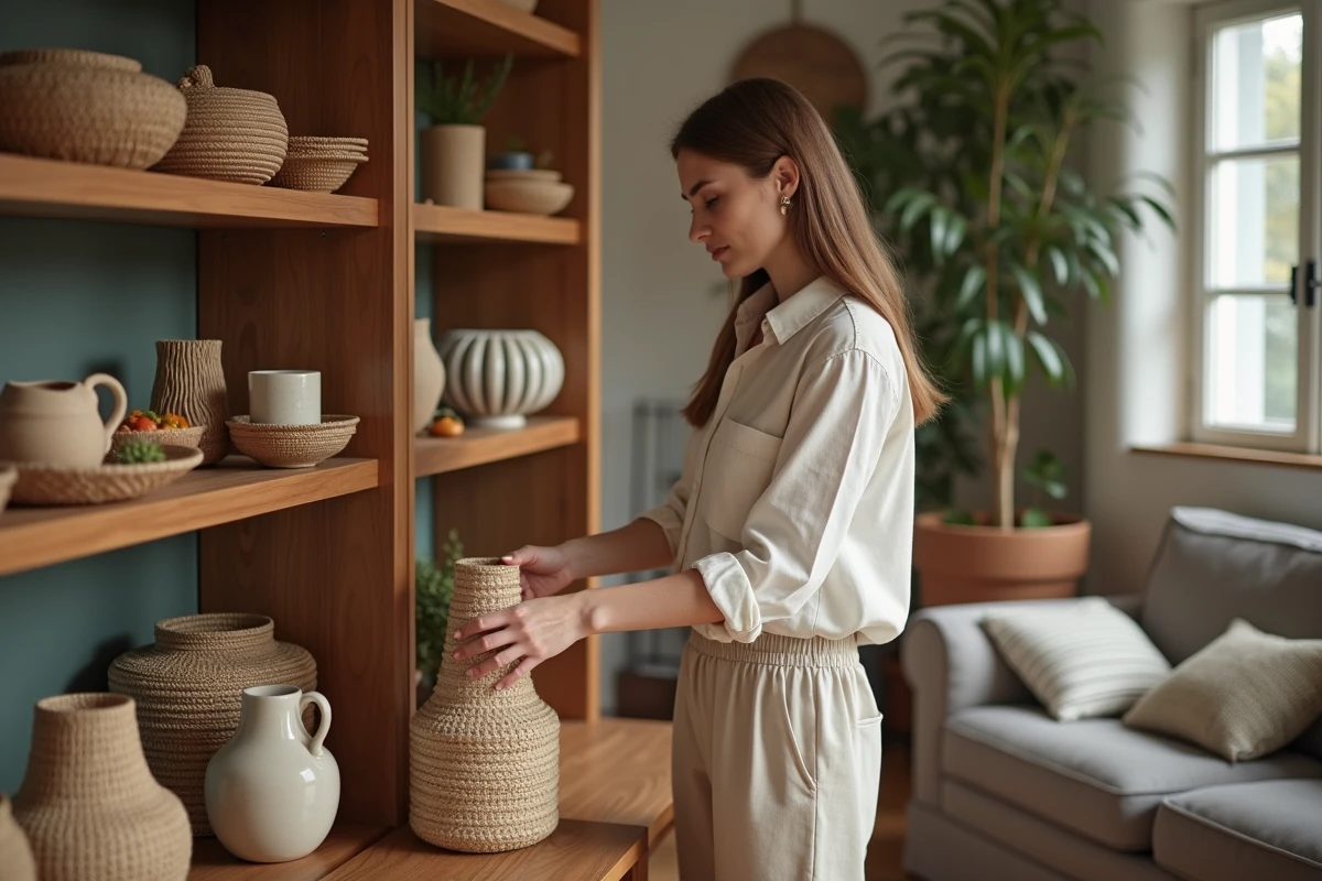 Jeune femme posant un vase en céramique artisanale dans un salon chaleureux
