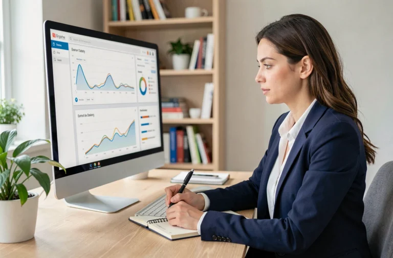 Femme entrepreneur analysant des statistiques e-commerce sur un écran dans un bureau moderne et épuré