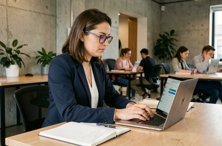 Femme professionnelle en formation continue sur ordinateur dans un espace de coworking moderne