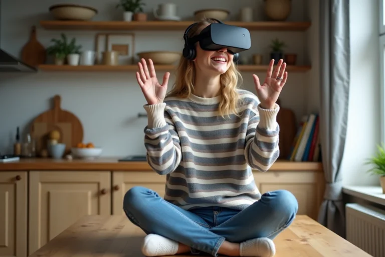Femme souriante essayant un casque de réalité virtuelle dans la cuisine