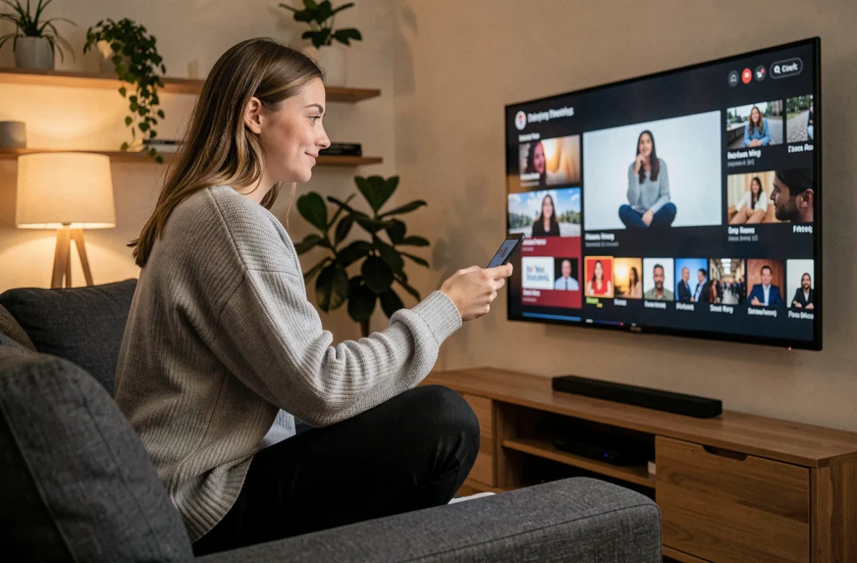 Femme jeune regardant une plateforme de streaming sur une smart TV dans un salon moderne et cosy