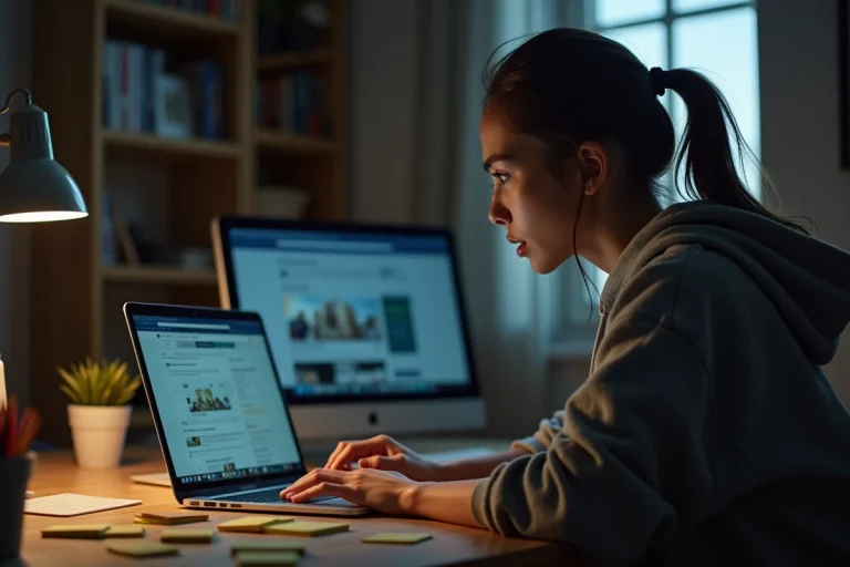 Jeune femme stressée devant son ordinateur consultant des réseaux sociaux après une fuite de données personnelles