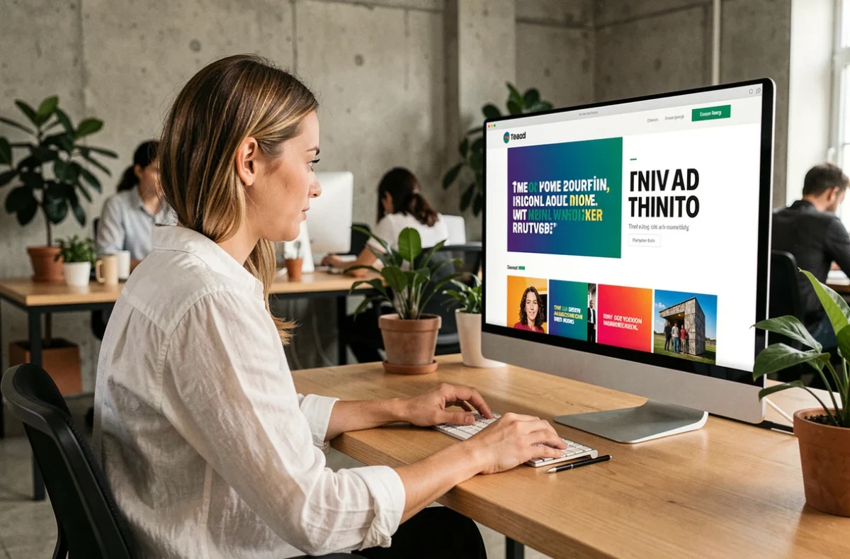 Femme explorant les nouvelles tendances web sur un grand écran ultrawide dans un studio moderne