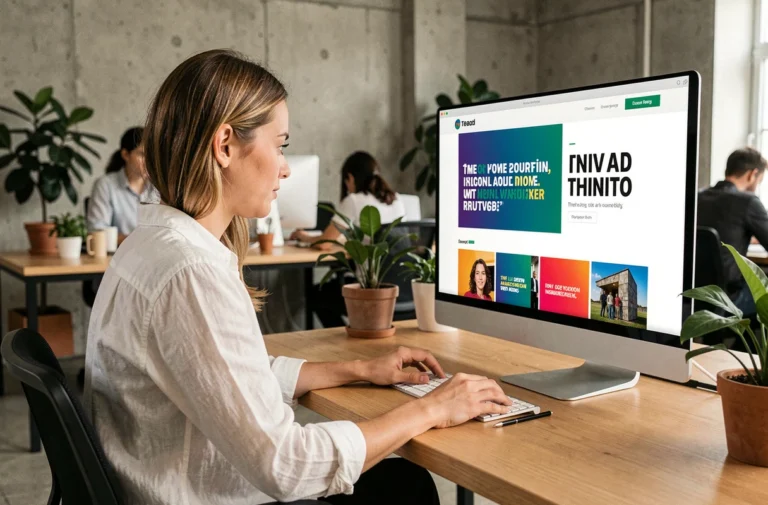 Femme explorant les nouvelles tendances web sur un grand écran ultrawide dans un studio moderne