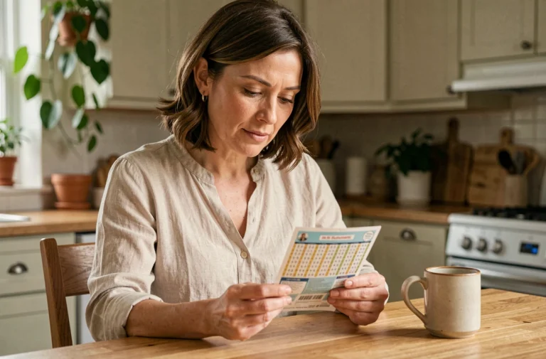 Femme examinant un ticket de loterie Euromillions option étoile à une table en bois dans une cuisine chaleureuse