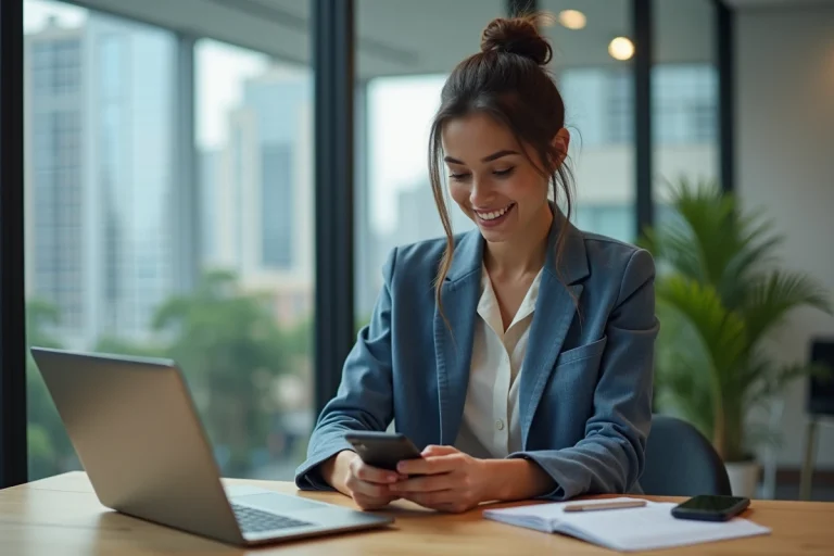 Jeune femme souriante utilisant des appareils numériques modernes au bureau