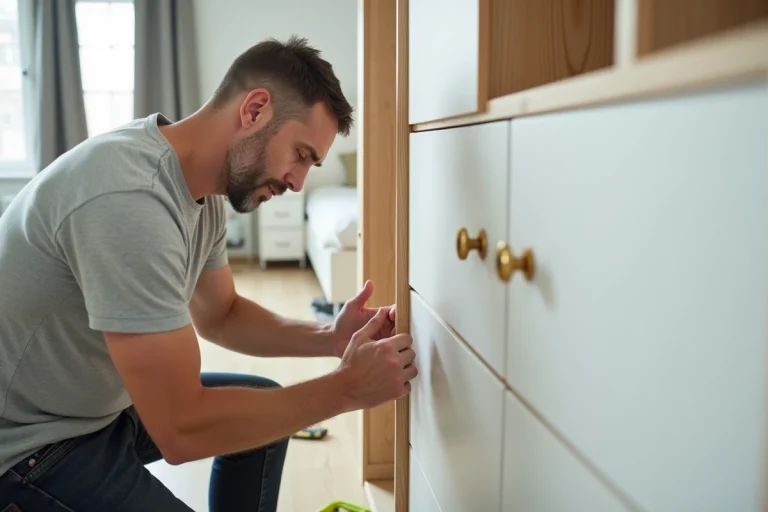 Homme fixant une joue de dressing en bois contre le cadre d'une armoire dans une chambre moderne