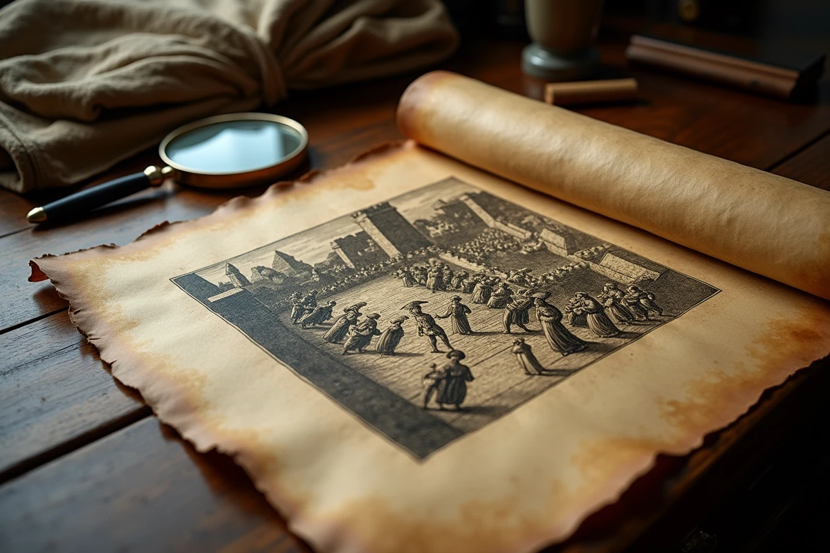 Gravure ancienne sur parchemin représentant une scène d'exécution publique du XVe siècle posée sur un bureau de recherche archivistique