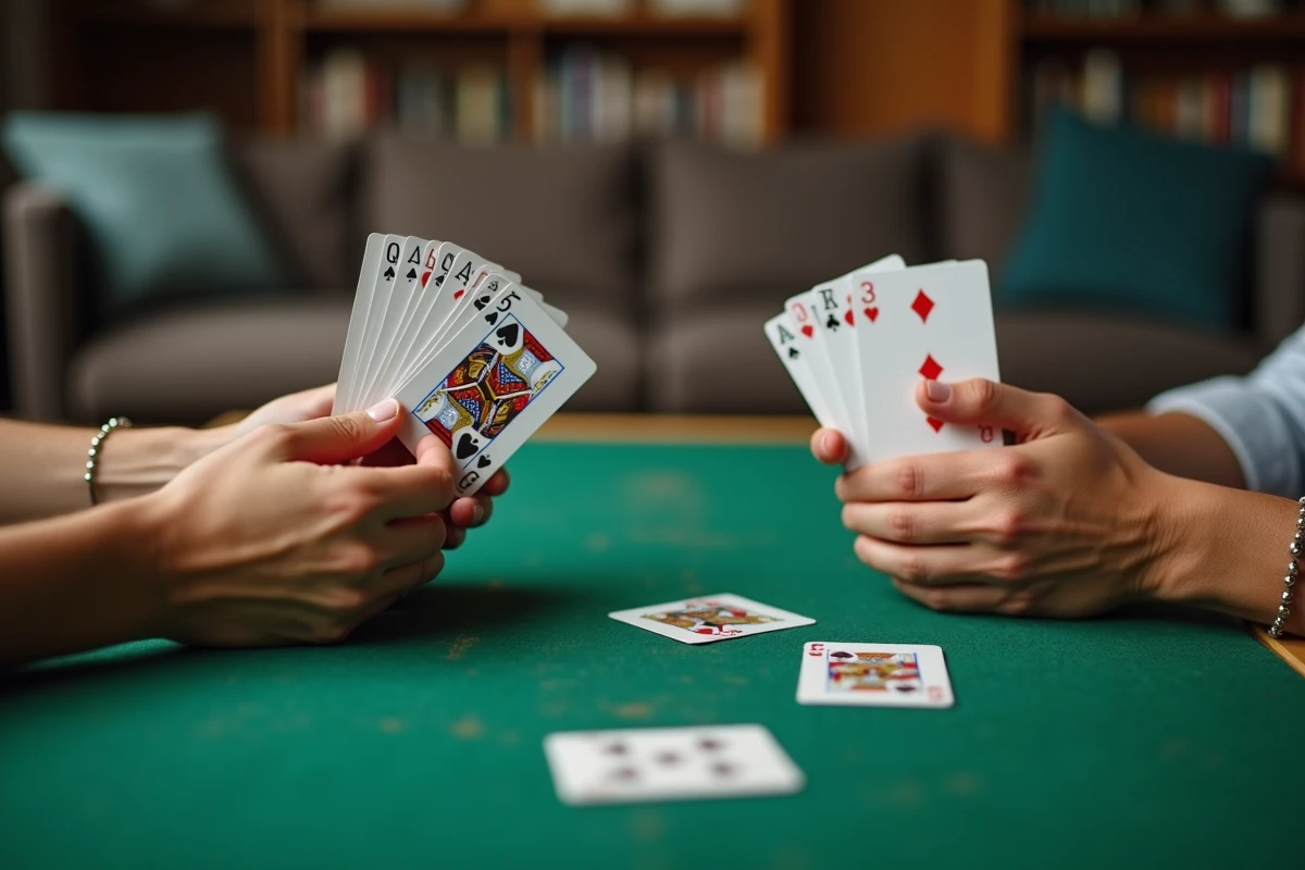 Gros plan sur des mains de joueurs tenant des cartes à jouer lors d'une partie de Kems, mettant en valeur un carré de cartes identiques