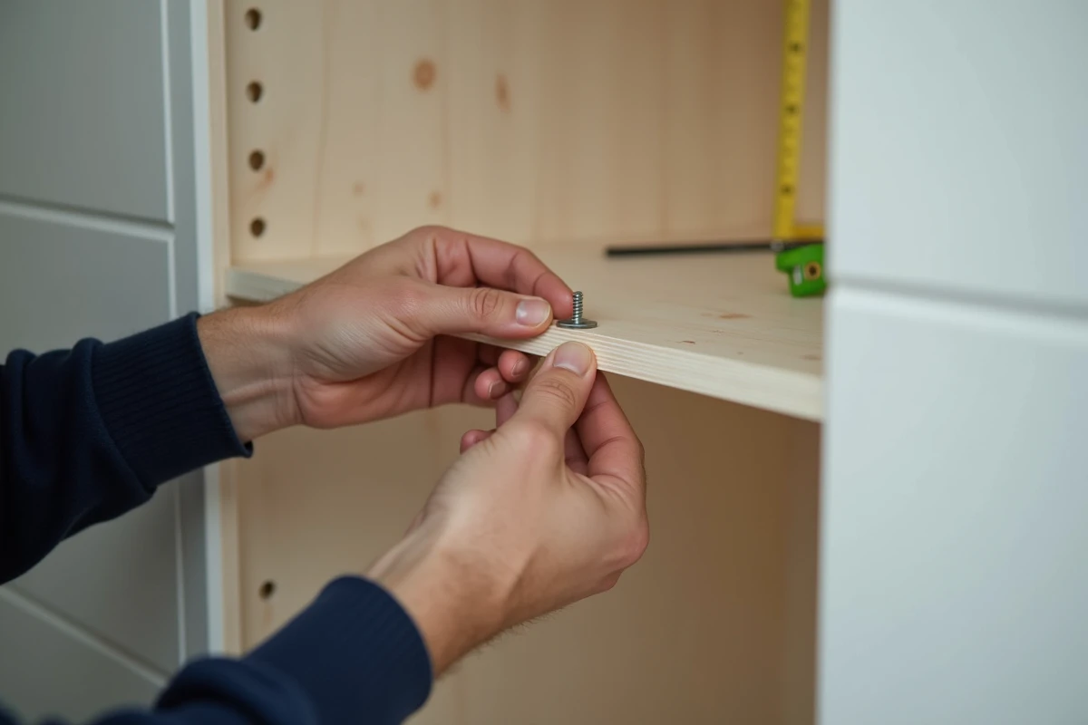 Gros plan de mains vissant une joue de dressing en bois avec un tournevis dans un placard minimaliste