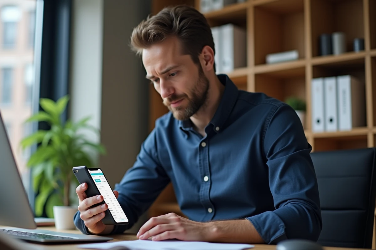 Homme consultant son bulletin de paie dématérialisé Arkevia sur smartphone depuis son bureau à domicile