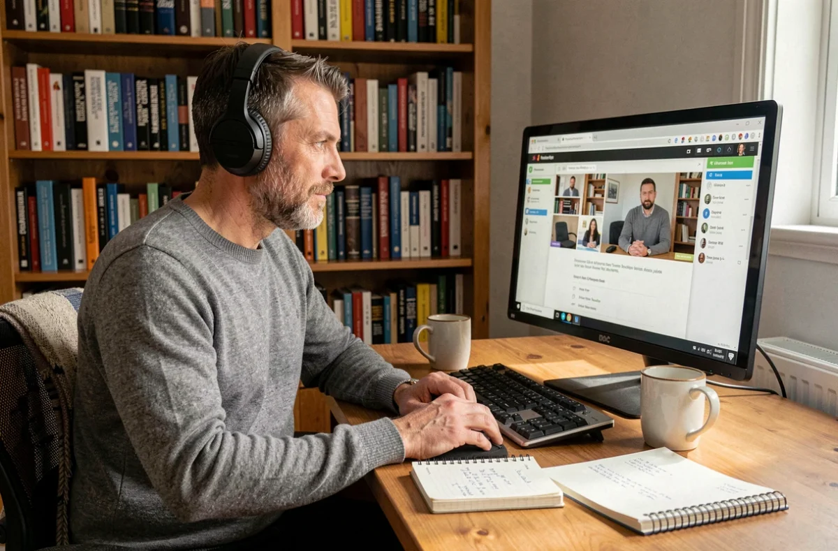 Homme en télétravail suivant une formation professionnelle en ligne dans un bureau à domicile organisé