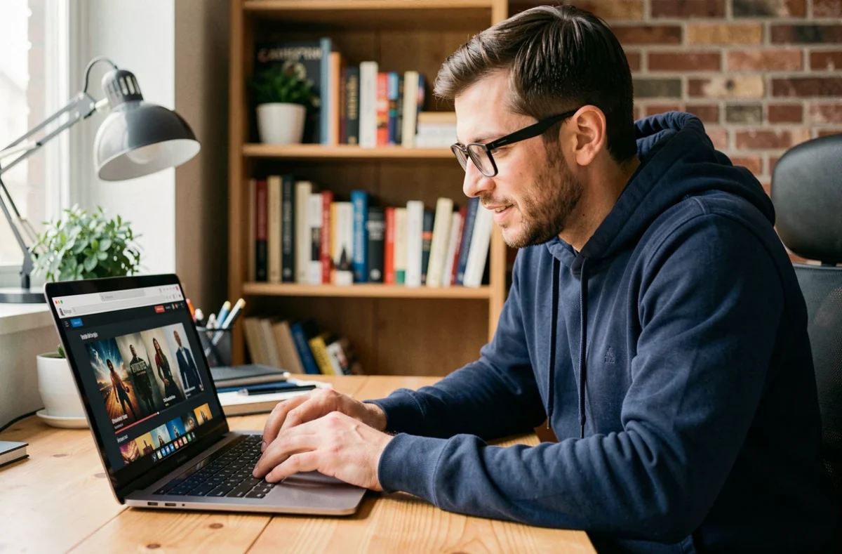 Homme en home office consultant une interface de streaming vidéo sur son ordinateur portable