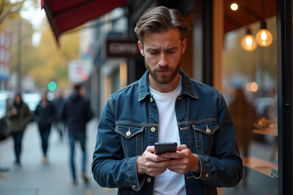 Homme inquiet consultant son téléphone en plein air suite à des révélations de leak sur les réseaux sociaux